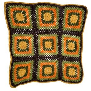Vintage Fall Colors Granny Square Crochet Lap Small Thrown Blanket 37" X 34.5"